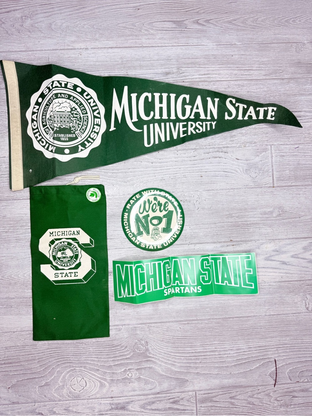 Vintage 1980s Michigan Spartans Pennant , big pin , bumper sticker & bag